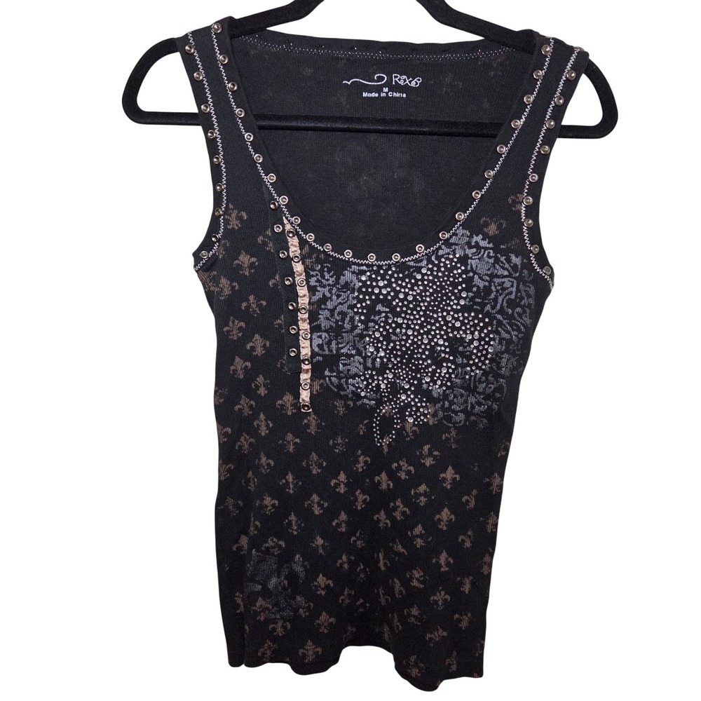 Women's Medium Black Rhinestone Studded Graphic Tank Top Fleur De Lis Y2K